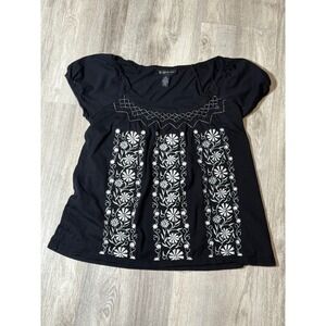 INC International Concepts Petite Black Floral Embroidered Top‎